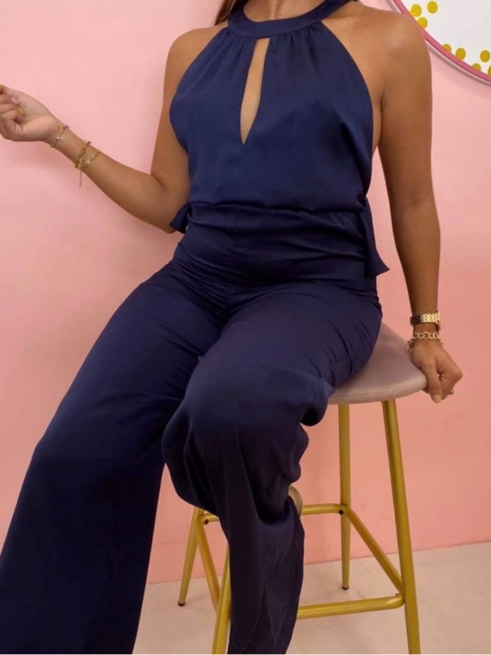 Sugarlips Navy Halter Keyhole Wide-Leg Jumpsuit